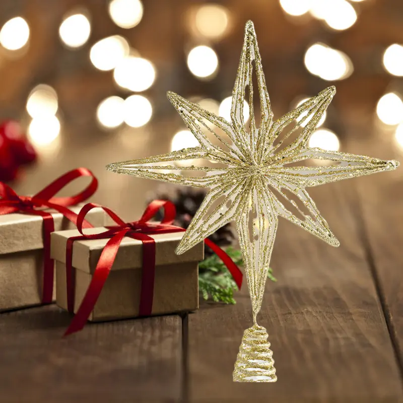 Guopei02 1pc Glam Style Golden Wrought Iron Five-Pointed Star Christmas Tree Top Decoration, Snowflake Holiday Theme, No Electricity or Battery Needed, Festive Metal Table Decor