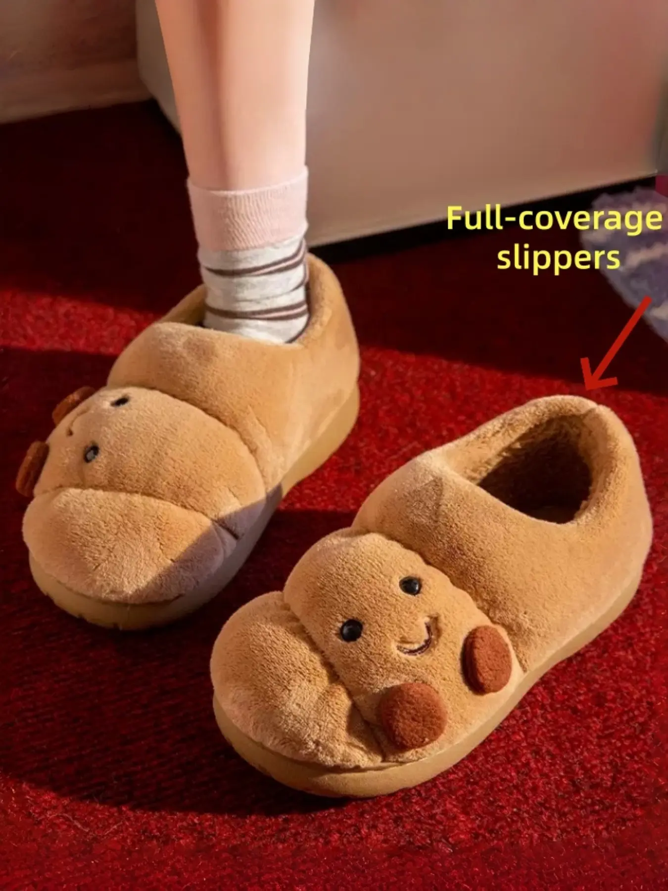 Women's & Men's Full Heel Wrap Croissant Slippers, Cute Slippers, Fuzzy Warm Slippers, Cartoon Pastry Design for Warmth & Comfort, Fluffy Plush for Soft Cozy Feel, Non-Slip Sole for Indoor Outdoor Use, Home Shoes & Holiday Gift