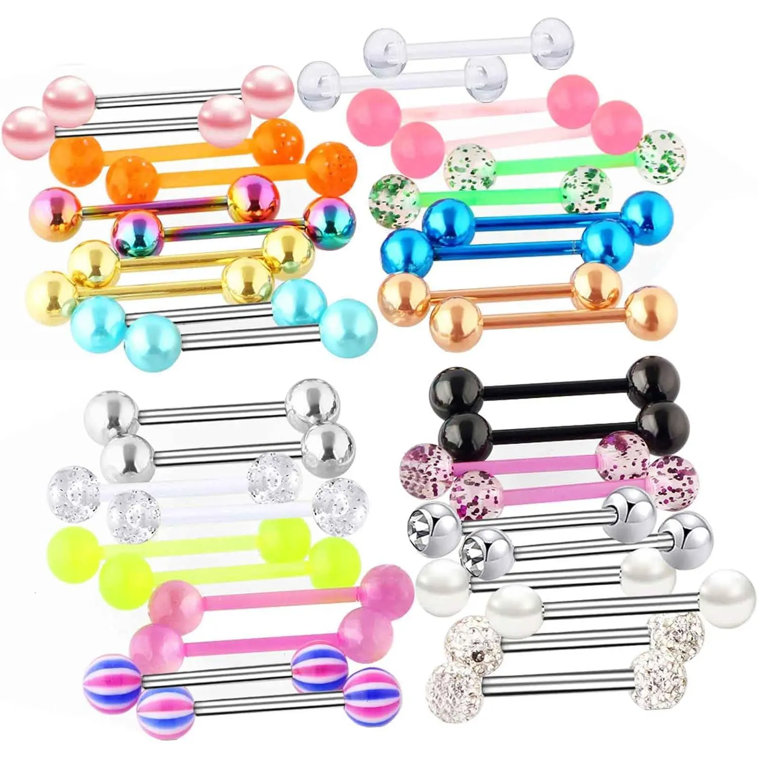 40 count 14G Mix-Color Stainless Steel Straight Barbell Tongue Rings Bars  5/8" Length  Glow In Dark Flexible Retainer   For Women Men