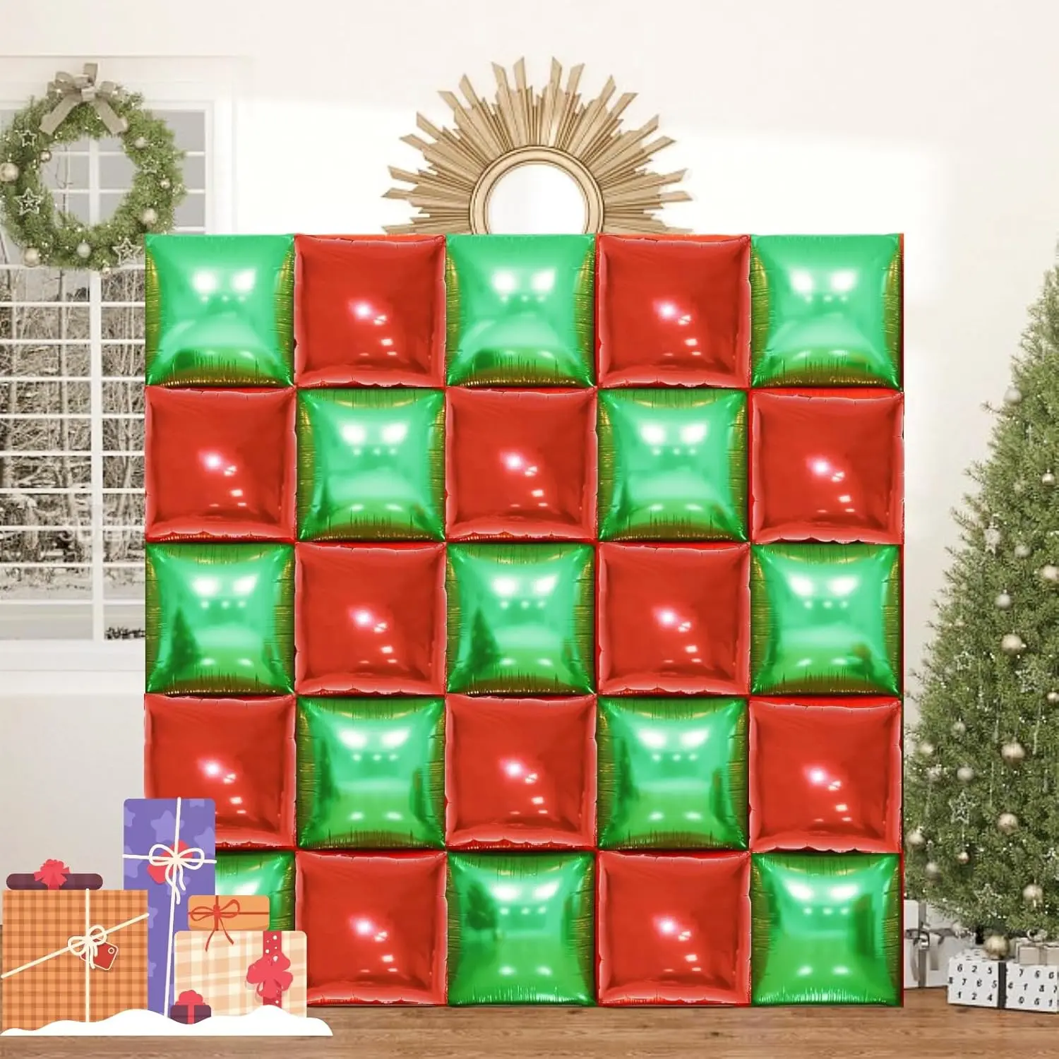 Christmas Eve Backdrop Green and Red Square Foil Balloons Wall Tunnel Mylar Aluminum Double Sided Flat Balloon Arch Garland Kit For Happy Birthday Party Background  Decorations