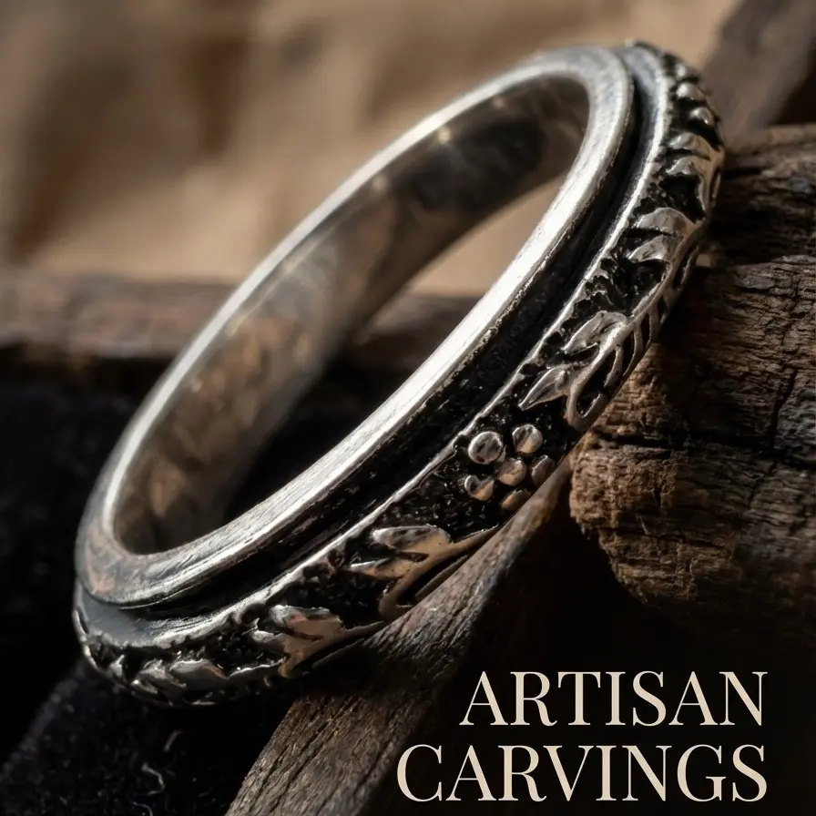 Women's Vintage Casual Metal Spinner Ring - Oxidized Flower and Leaf Embossed, Anti-Anxiety Stress Relief Jewelry Rings, Fidget Costume Accessory, Metal Rings, Anti Anxiety Jewelry