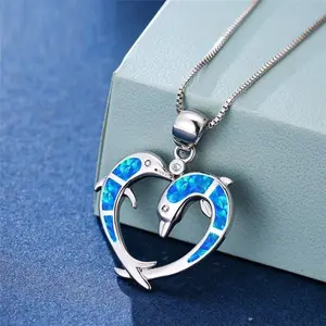 Blue Fire Opal Dolphin Heart Pendant Silver Necklace & Chain