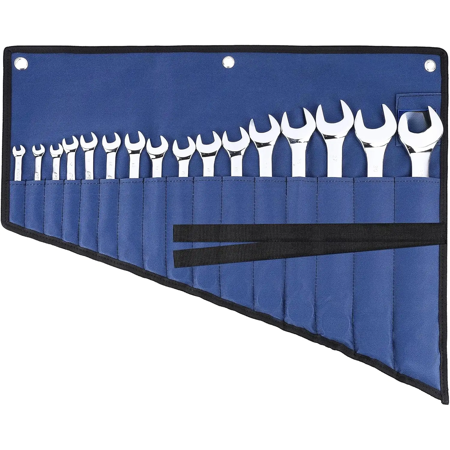 16-Specially Designed Pockets Waterproof Wrench Roll Organizer Tool Bag - Durable 600D Oxford Fabric/Oxford Cloth Organizer, Compact, Easy-to-Clean, Tight Stitches Craftsmanship, 3 Hanging Rings, Blue for Indoor/Outdoor Use