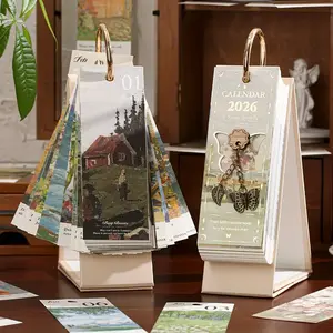 2026 Vintage /European Style Oil Painting Flip Calendar with Butterfly Pendant - Daily Planner, Monthly Tabbed Calendar for Home & Office, Memo Log & Check-in Reminder System