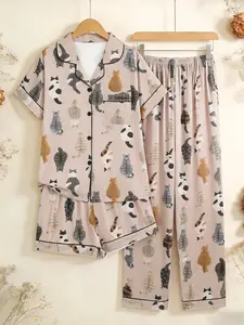 3-Piece Cat Back Print Women's Pajama Set, Casual All-Season Home Wear, Button Pocket Shirt, Elastic Pants, Comfortable Daily