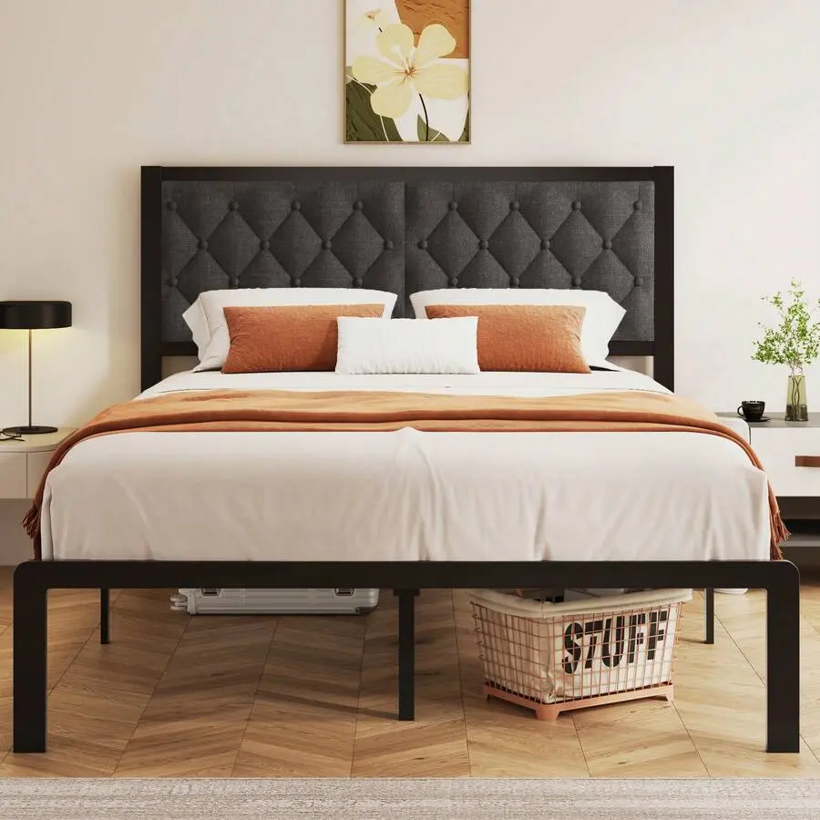 Gunji Queen/Full/Twin Bed Frame With Tufted Headboard Metal Platform Bed Frame With Under-Bed Storage,All Metal Support System,No Box Spring Needed,Noise-Free,Easy Assembly