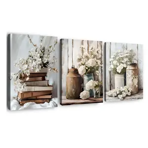 3-Piece Vintage Floral Wall Art Set, Wooden Frame Modern Print Canvas Decorations for Living Room & Bedroom, Creative Home Decoration