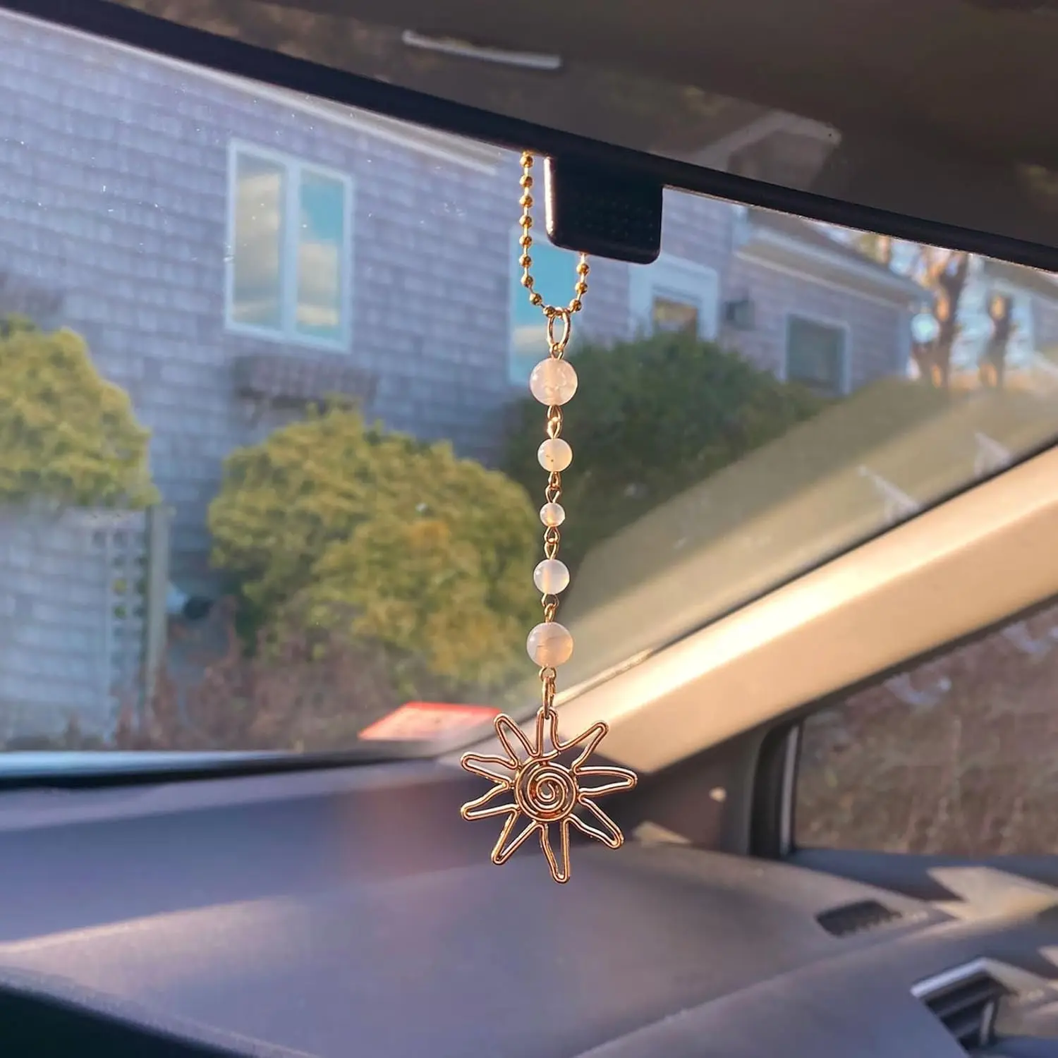 Handmade Boho Sun Car Charm - Green & Gold Healing Crystal Dangle, 7" Rear View Mirror Hanger with Unique Beads, Women's Cute Car Interior Decor, Baby Shower/Bachelorette/Birthday Party Favors for Good Vibes
