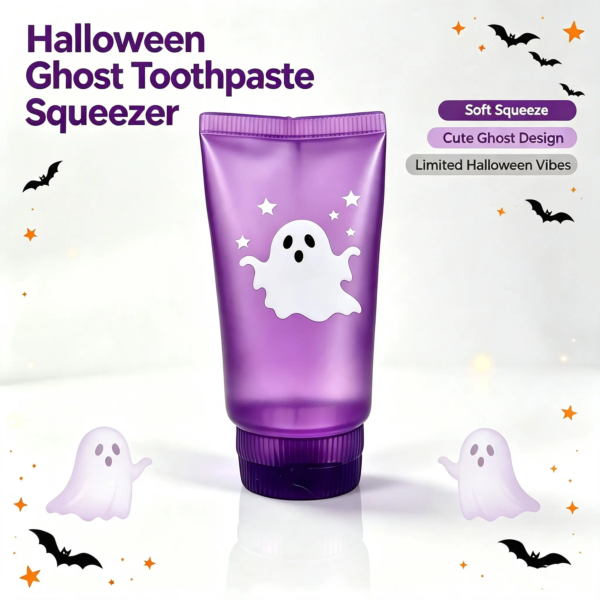 Purple Frosted Ghost Star Squeeze Tube Fidget Toy, Halloween Cute Ghost Stress Relief Squeezy Sensory Toy, Portable Hand Squishy Anxiety Relief Toy for Halloween Party Favors