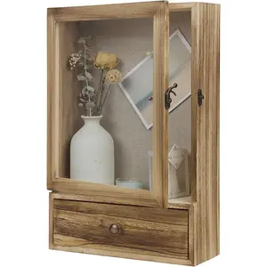 Shadow Box Frame, 3.2" Deep Shadow Box Display Case with Real Glass and Drawer, Rustic  Memory Box for Pictures, , Memorial, Medals, Wedding Bouquet for Wall or Tabletop, Brown