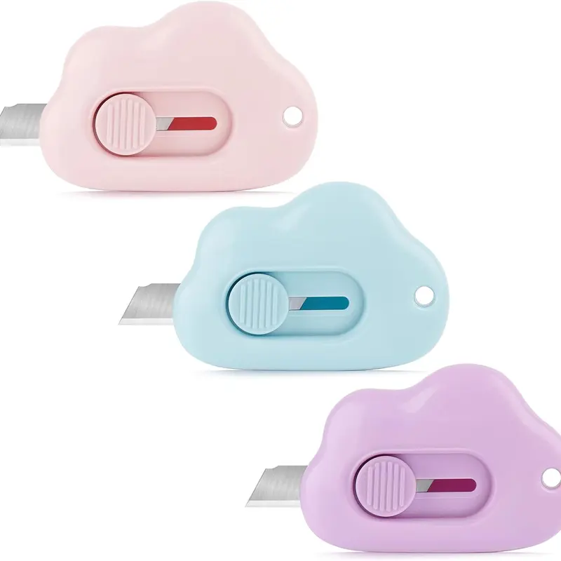 Box Cutters - 3 Pack Retractable Letter Opener, Adorable Cloud Tiny Paper Cutter for Key Chain Pocket Bag Package Envelope Mail Letter Box Paper DIY Projects for Girls and Boys