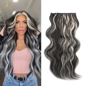 [ Qbeauty ] Black With White Blonde Highlights Clip- in Synthetic Hair Extensions Long Wavy 4PCS Thick Hairpieces Double Weft Natural Hair Extensions for Women