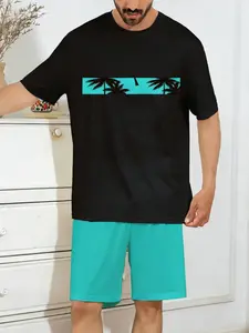 Men's Cartoon Print Short Sleeve Sleepwear Set, 2-Piece Casual Loungewear, Comfortable Nightshirt & Pajama Bottoms, Ideal for Home Use