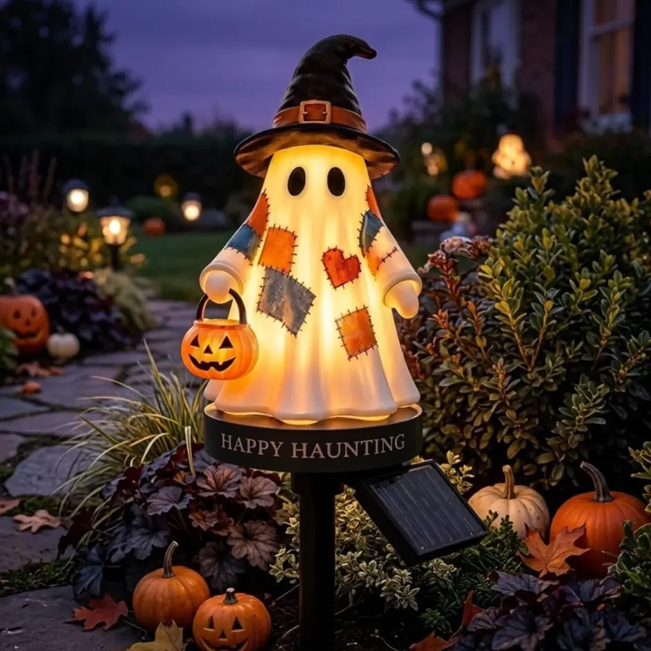 Solar Halloween Garden Stake Light - Cute Light-Up Ghost with Witch Hat, Pumpkin Bucket, "Happy Haunting" Message, Waterproof Outdoor Pathway Decor for Lawn, Garden, Halloween Gift