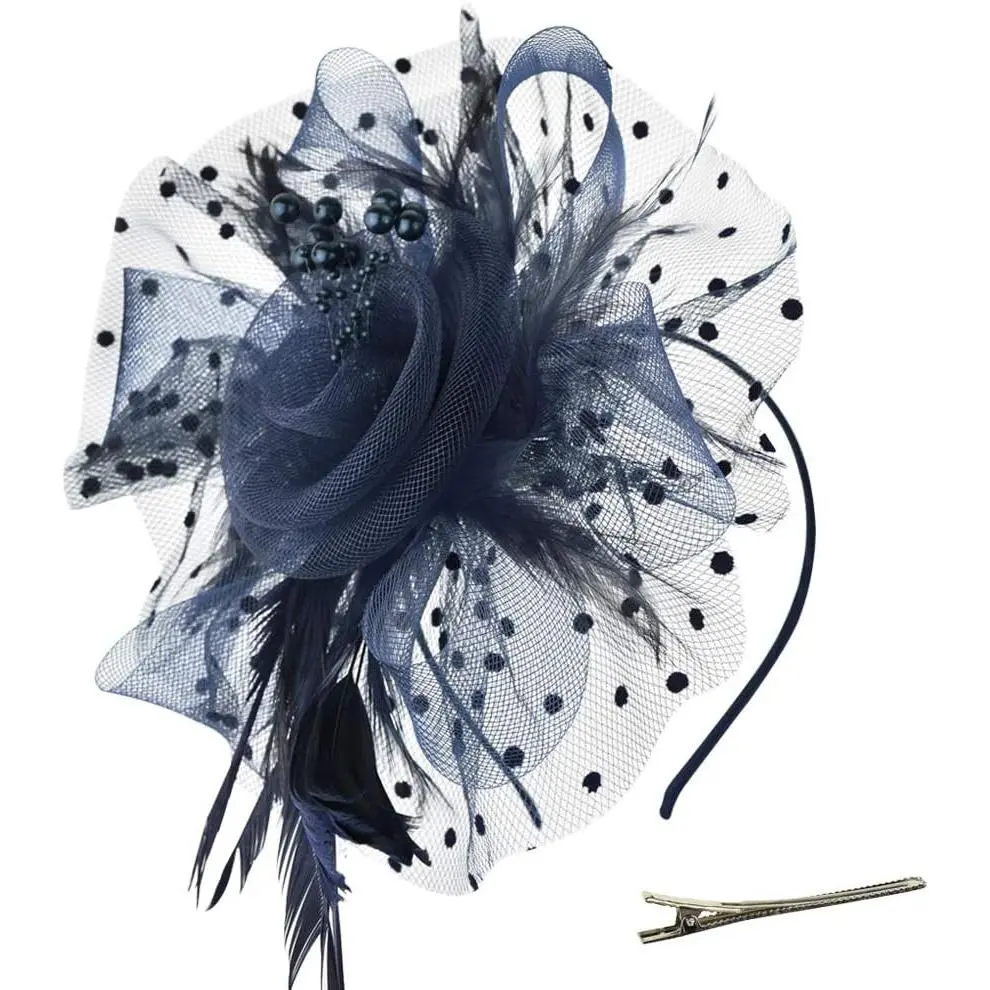DRESHOW Fascinators Hat Flower Mesh Ribbons Feathers on a Headband and a Clip Tea Party Headwear for Girls and Women