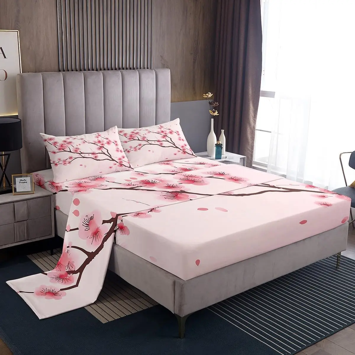 Cherry Blossoms Bed Sheets Pink Floral Sheet Set Japanese Spring Bed Sheets Set + Blossom Petal Branch Floral Flat Sheet + Decor for Womeny Romantic Style