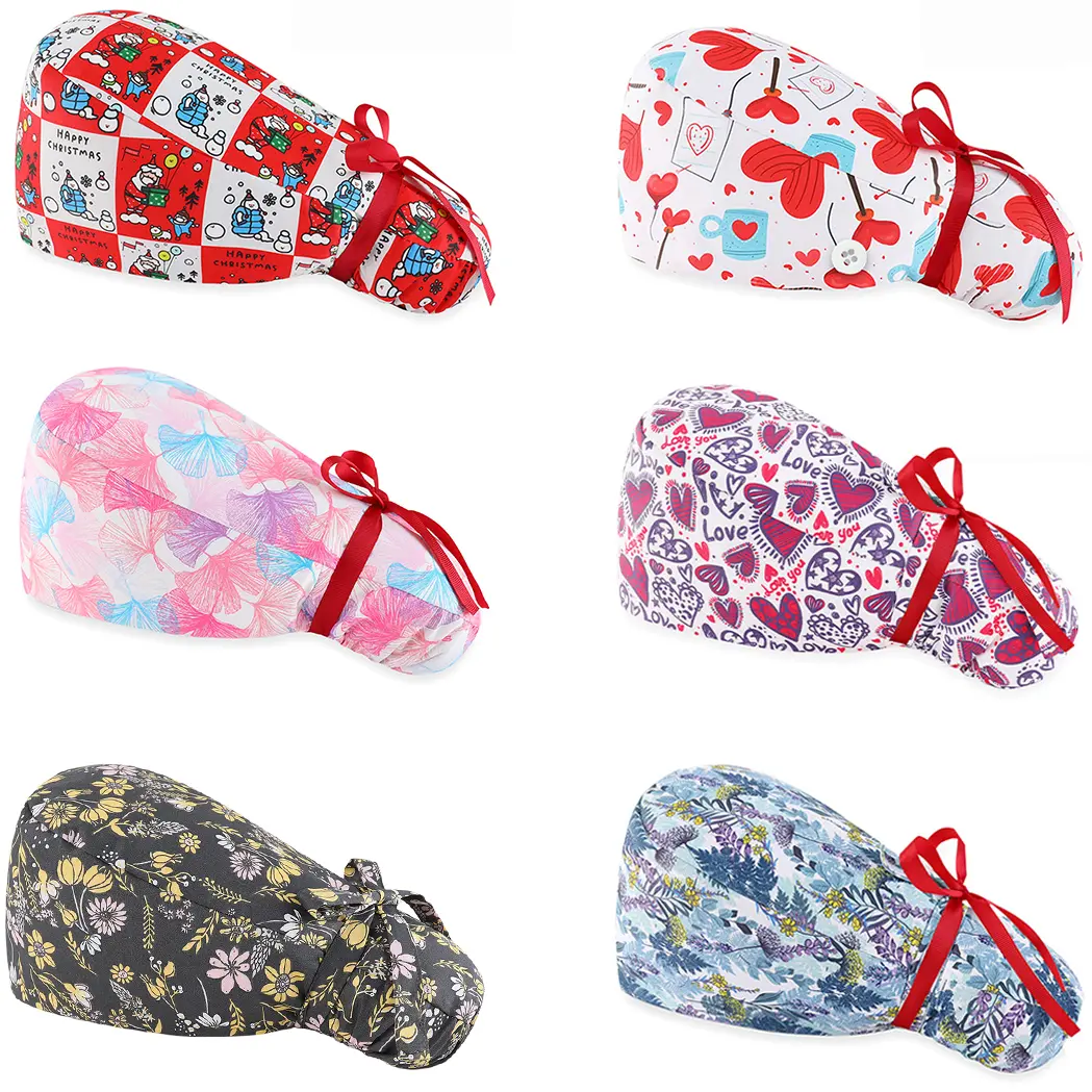 6 Pack Scrubs Cap for Women, Floral Print Polyester Adjustable Hat with Hair Pouch and Tie-Back, Fashion Headwear for Nurses, Bulk Stock, Funny Cap, Different Head Sizes, Daily Use