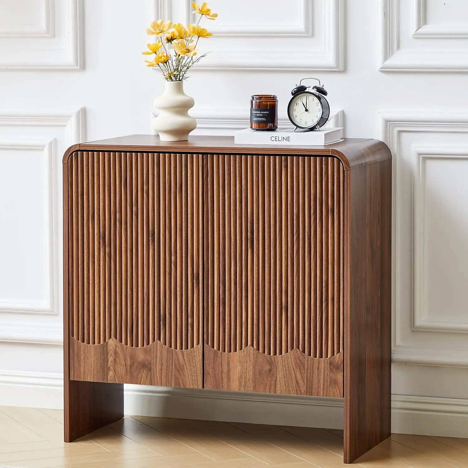 FurSch Mid-Century Modern Accent Cabinet, Curved Wood Storage Sideboard with Adjustable Shelf, Fluted Wave Panel Console for Living Room Dining Room Entryway Kitchen