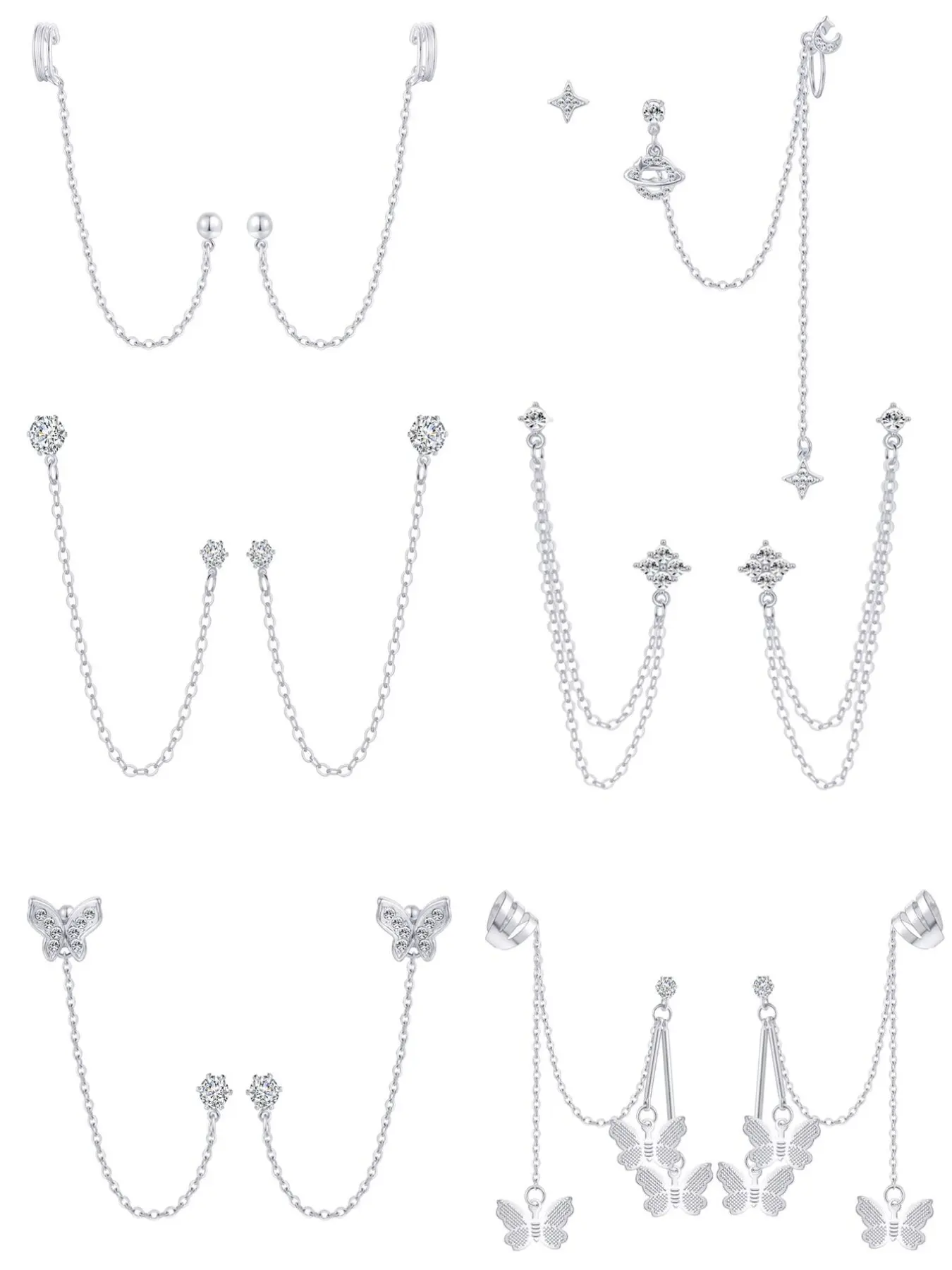6 Pairs Cuff Earrings Chain Drop Dangle Statement Earrings with CZ Inlaid Wrap Threader Tassel Earrings Cartilage Double Piercing Holes Fashion Chic Minimalist Crawler Climber Stainless Steel Earring Planet Butterfly Moon Round Studs for Women