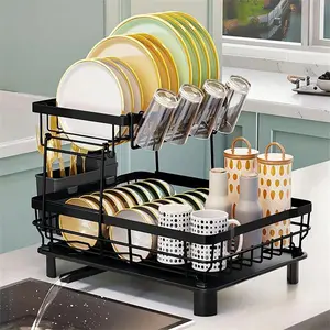 2 Tier Dish Drying Rack Dish Racks for Kitchen Counter Metal Dish Drainers with Knife Cup Utensil Holder, Black dishdryerrack
