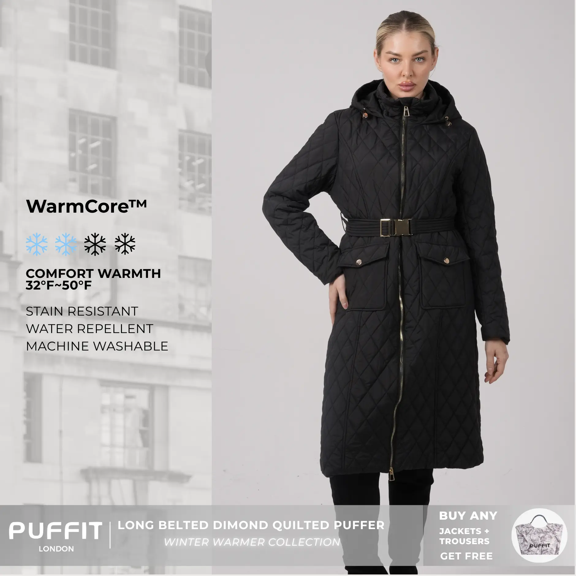 PUFFIT WarmCore Premium Long Diamond Quilted Puffer With Adjustable Belt,Lightweight Diamond Pattern,Warm And Elegant,Adjustable Waist,Effortless Style,Versatile Elegance For Commuting,Fall,Winter,2026 Shopping