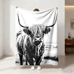 1 piece of personalized artistic style black and white highland cow element flannel blanket is skin-friendly, soft and machine-washable. Suitable for office and home. Suitable for all seasons. Sofa blanket. Bed blanket. Soft Throw Blanket