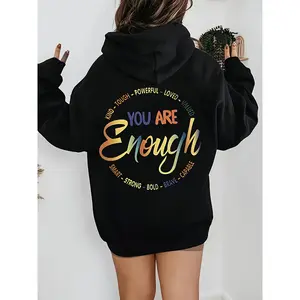 [Motivational Hoodie]  Women's Hoodie |     "You Are Enough" Motivational Quote Graphic Print, Casual Pullover with Stretchy Comfort, Machine Washable All-Season Wear