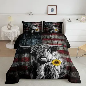 Highland Cattle Luxury Bedding Set,Sunflower Highland Cow Comforter Set,America Flag Bull Comforter,Animal Microfiber Comfortable Bedding