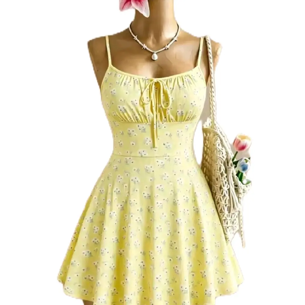 Women's Ditsy Floral Ribbed Mini Skater Dress | Spaghetti Strap Front Tie Summer Dress