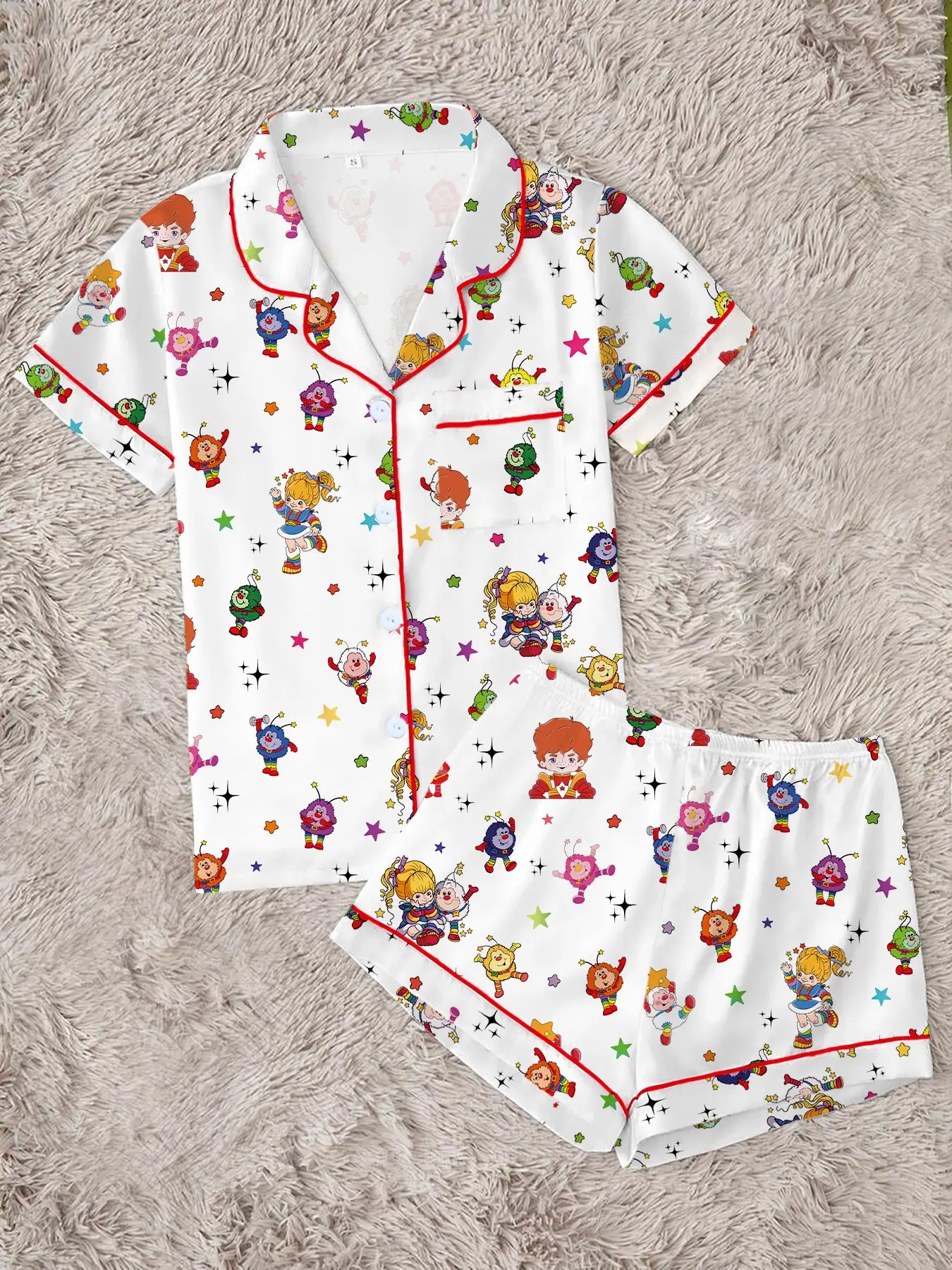 Women's Rainbow Girl Print Pajama Set Loungewear Sets, Loungewear Pjs Set, Comfortable Two-Piece Sleepwear, Short Sleeve Button-Up Top and Elastic Shorts, Casual Home Wear Loungewear