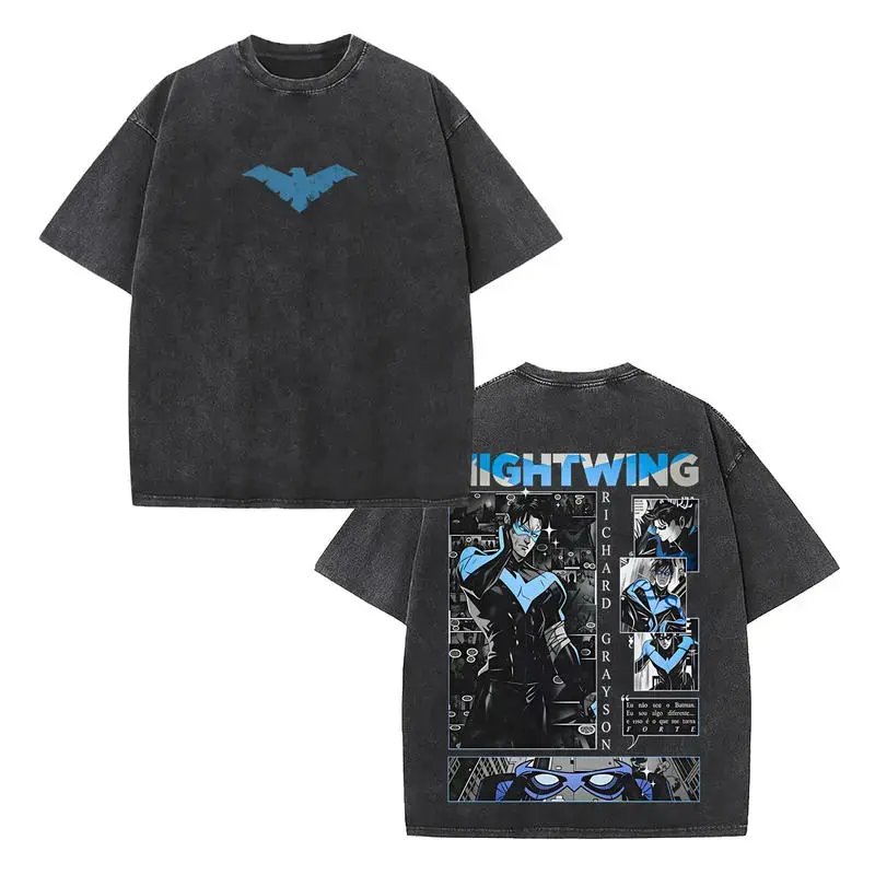 Oversized Dark  Nightwing Graphic Tee, 90s Retro Print Front And Back! Premium Men's Streetwear T-Shirt, Blue & Black Comic Character Design. Authentic American Casual Short Sleeve Top For Gym Pump Cover, Summer Wear & Y2K Superhero Fan Gift Merch!!!