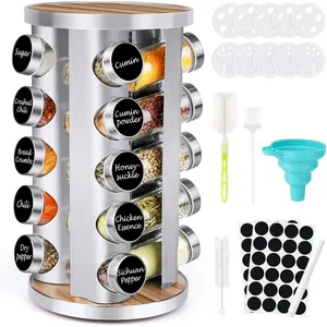 Spice Rack Organizer with Jars for Cabinet 20Pcs Revolving Rotating Seasoning Organizer Stainless Steel Wooden Countertop Rack Tower with Reusable Labels Funnel Brushes