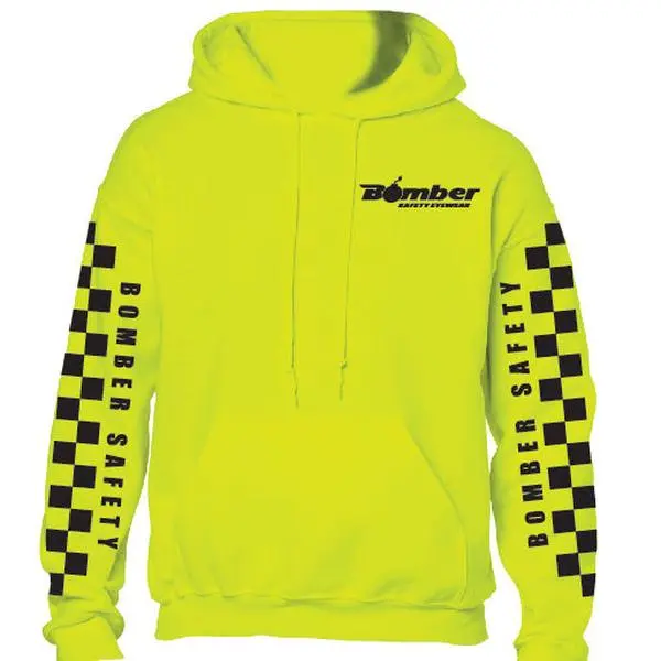 Women's Hooded Sweatshirt with Plaid Long Sleeves, Classic Fit Cotton Blend Top with Pocket in Safety Yellow, Checkered, Hooded Neck