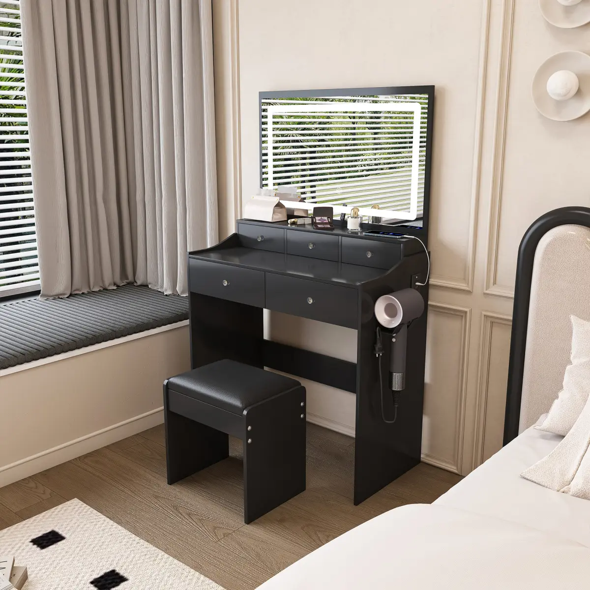 New Large Makeup Vanity Desk for Bedroom with Power Outlet Hair Dryer Holder 5 Drawers 3 Lighting Color Adjustable Dressing Table Black