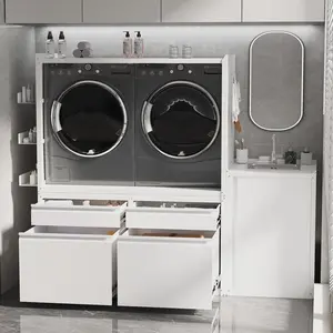 1300LBS Heavy Duty Universal Laundry Pedestal with Sink Cabinet & Storage, Anti-Vibration Washer Dryer Stand Base with Drawers & Hooks, White