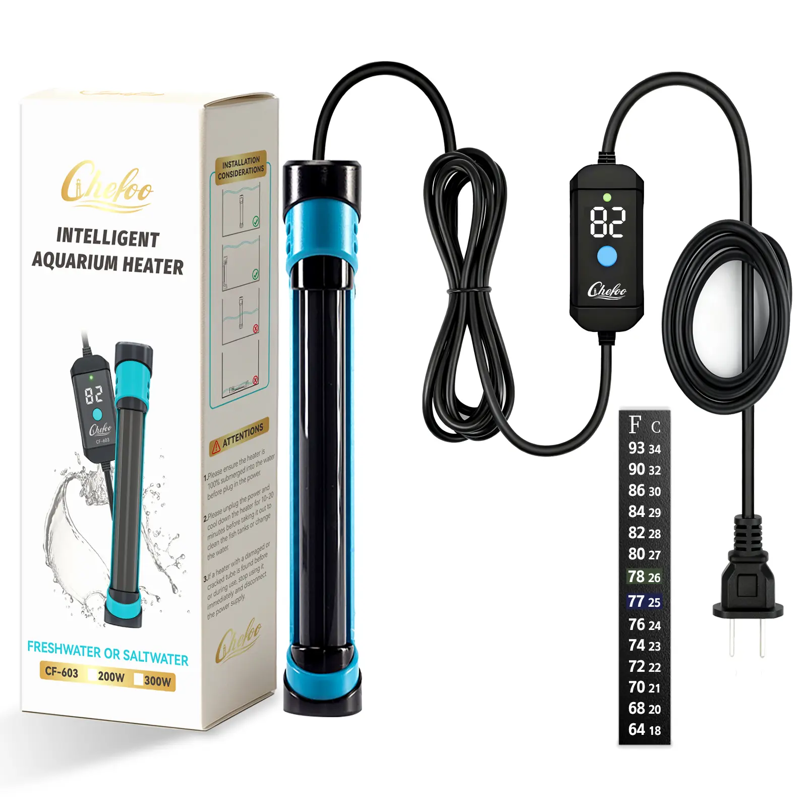 Chefoo Submersible Aquarium Heater - 100W-200W Adjustable Heating, Digital External Controller with Display, Overheat Protection, Free Thermometer, Precise Heat for 10-30 Gal Freshwater/Saltwater Tanks