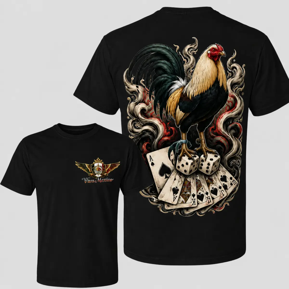 Mexican Rooster T-Shirt - Detailed Rooster With Playing Cards Dice And Smoke Graphic , Viva Mexico Chest Emblem , Men's Western Streetwear Tee , Ranch Style Outfit , Mexican Pride Shirt , Gift For Rooster Lovers , Card Players And Country Men Fabric