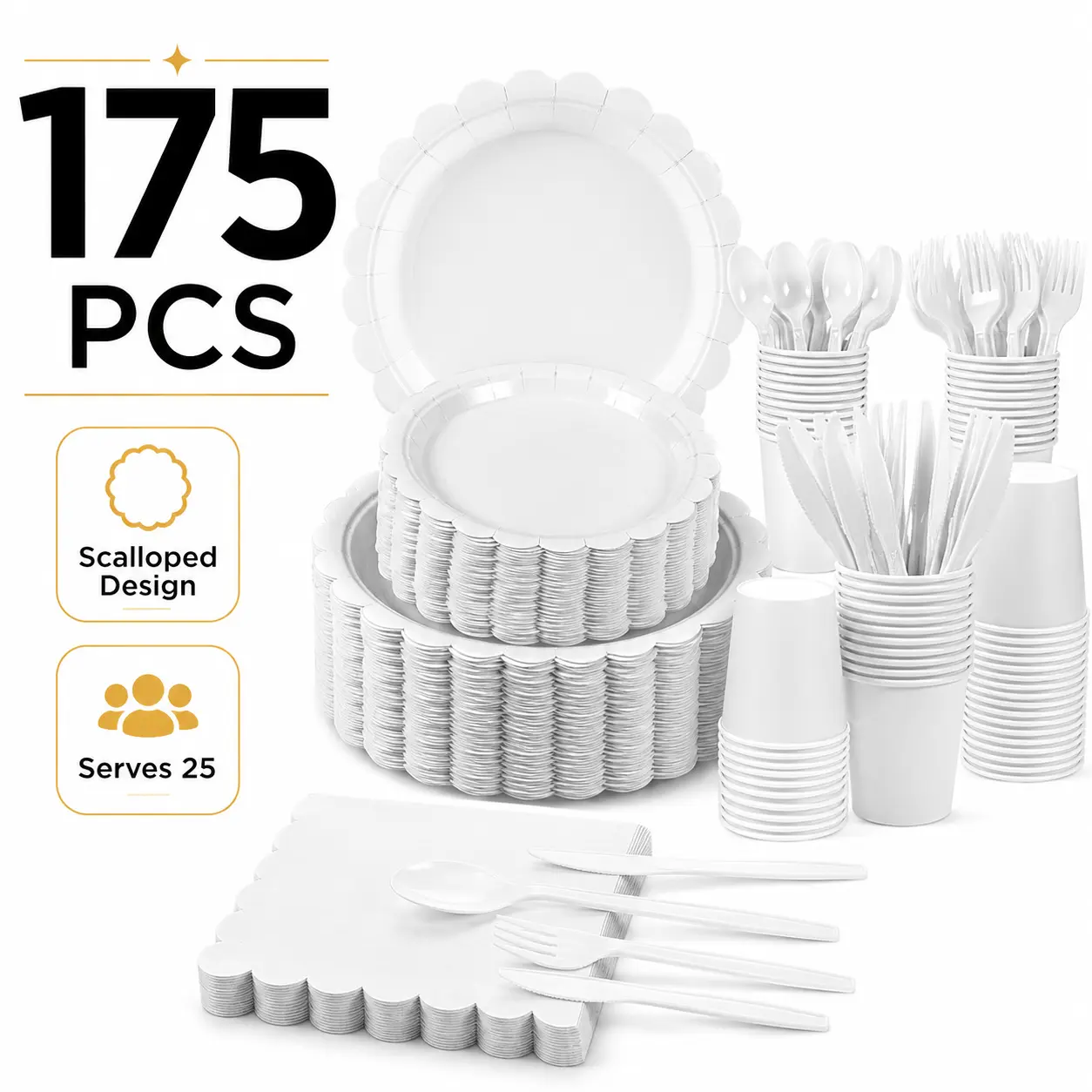 175-Piece White Disposable Party Tableware Set for 25 Guests, Scalloped Paper Plates, Cups, Napkins, Forks, Knives & Spoons for Weddings, Birthdays & Events