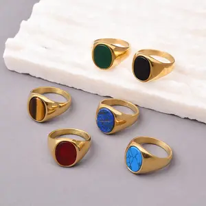 Men's Vintage-Inspired Titanium Steel Ring with Natural Tiger Eye & Lapis Lazuli - Fashionable Oval Stone Design, Gold Plated 316L Stainless Steel