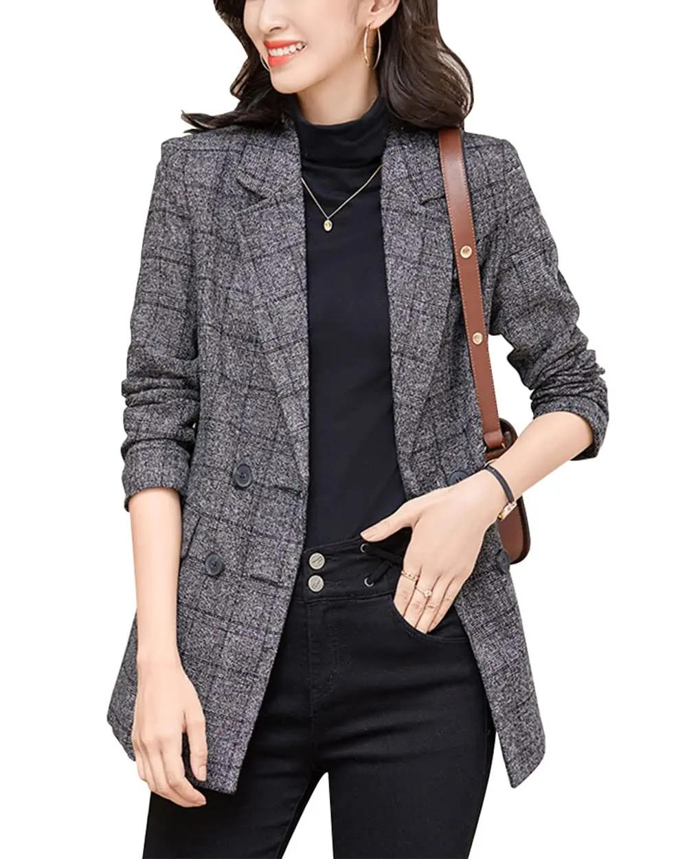 Ebossy Women's Houndstooth Plaid Blazer Jacket Notch Lapel Boyfriend Suit Casual Long Sleeve Fitted Outerwear with Flap Pockets Machine Washable