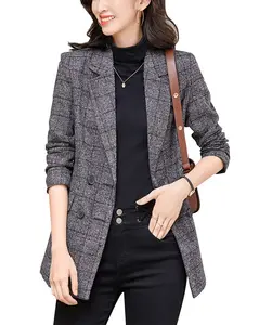 Ebossy Women's Houndstooth Plaid Blazer Jacket Notch Lapel Boyfriend Suit Casual Long Sleeve Fitted Outerwear with Flap Pockets Machine Washable