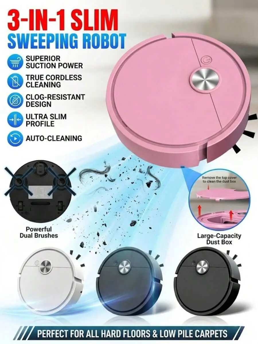 3-In-1 Smart Robot Vacuum Cleaner, Ultra-Thin Wireless Automatic Cleaning Machine With Powerful Suction For Dust And Pet Hair, Suitable For Home, Living Room, Bedroom And Office Floors