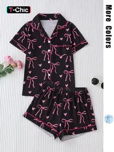 Women's All Over Bow Print Lapel Neck Pocket Shirt & Elastic Waist Shorts Pyjama Two-piece Set, Casual Comfy Short Sleeve Top & Shorts Pj Set, Pajama Sets Women, Ladies Sleepwear for All Seasons, Pajamas, Womenswear, Lounge Wear, Ribbon Pajamas