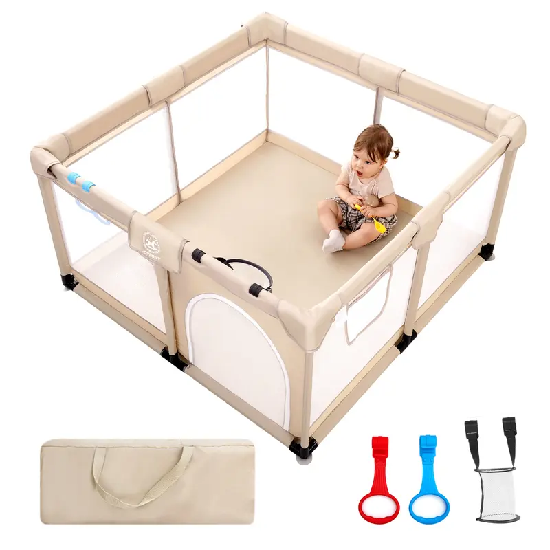 Baby Playpen With no Mat, 50X50 in Playpen for Babies and Toddlers, Play Pen for Kids, Play Pens for Babies and Toddlers for Apartment, Indoors Play Yard with Soft Breathable Mesh (Beige)