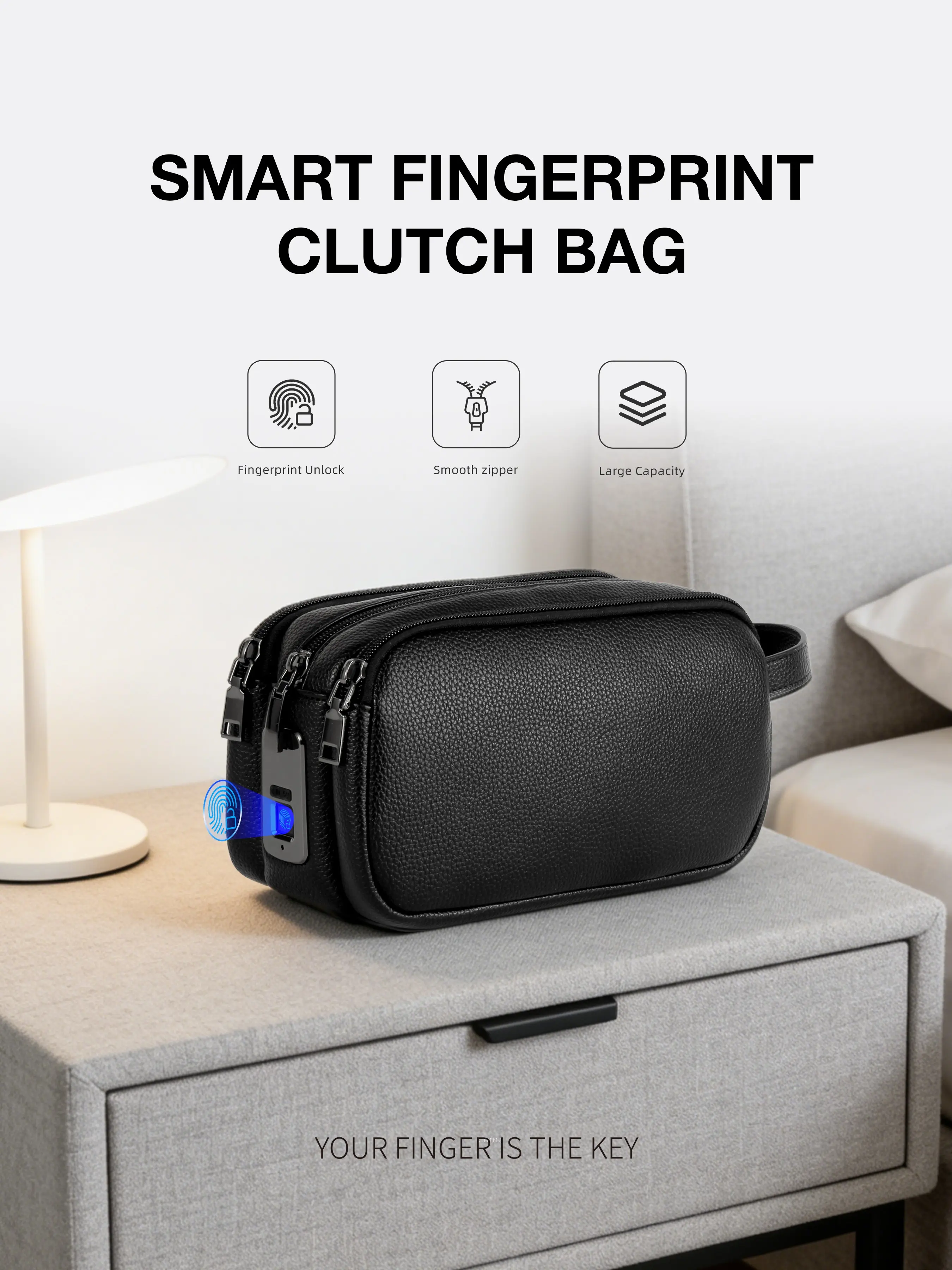 Smart Anti-Theft Men's Handbag with Fingerprint Lock, Three Zipper Pockets, Business Clutch Bag, Wallet Clutch, Birthday Gift, Valentine's Day Present, Men Gifts
