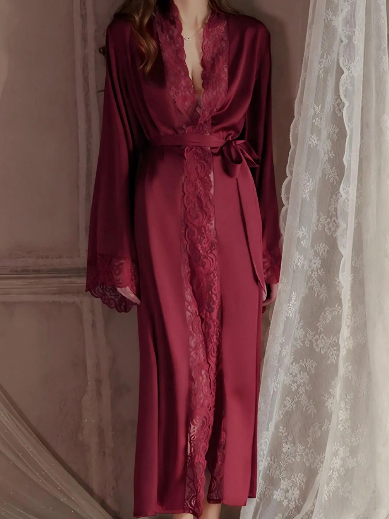 Women's Contrast Lace Adjustable Belted Silky Satin Smooth Lightweight Robe, Long Sleeve V Neck Lounge Robe, Bride's Robe, Women's Elegant Casual Sleepwear & Loungewear for Spring & Fall, Gowns