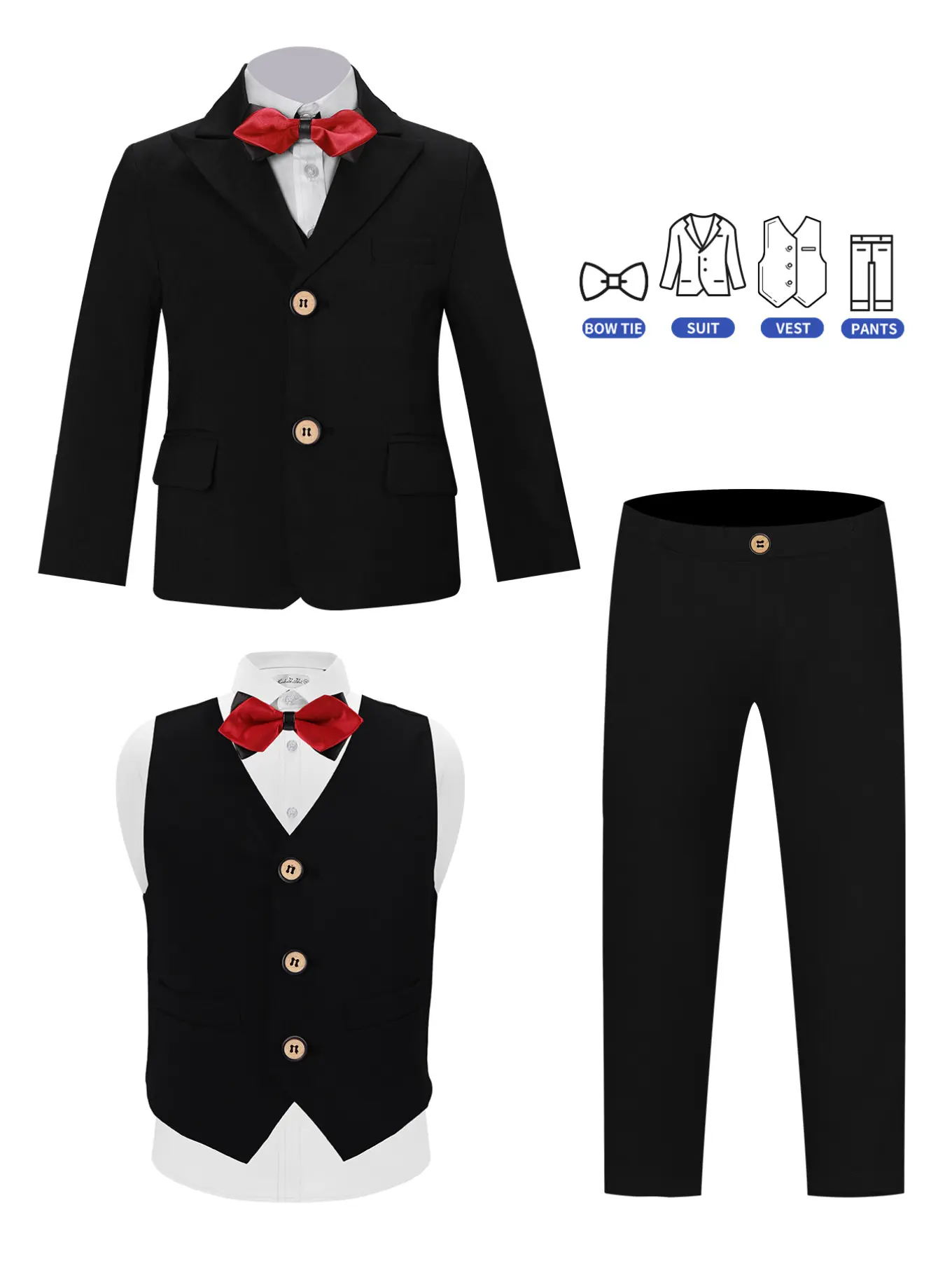 Classic 4-Piece Boys Set Suit | Blazer, vest, pants & bow tie, stretch waist comfy fit. 6 colors, sizes 100-150cm, great gift. Ideal for weddings, recitals, graduations, parties and formal holidays (No shirt included)