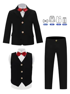 Classic 4-Piece Boys Suit, Fashion Set | Blazer, vest, pants & bow tie, stretch waist comfy fit. 6 colors, sizes 100-150cm, great gift. Ideal for weddings, recitals, graduations, parties and formal holidays (No shirt included)
