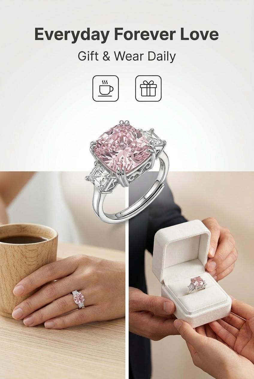 Luxury Cushion Cut Pink Diamond Ring, White Gold Plated Color Gemstone Ring, Elegant Party Index Finger Ring