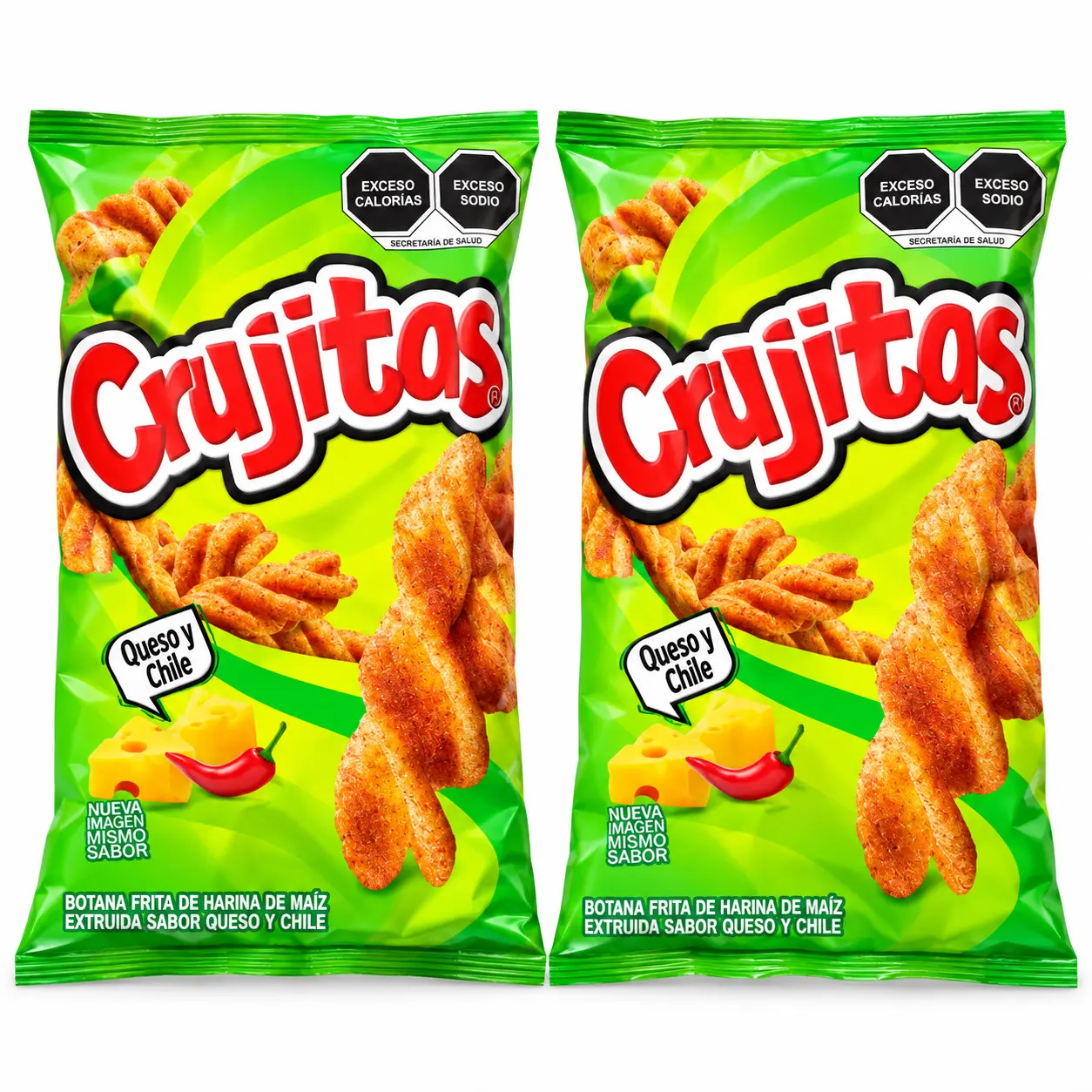 Crujitos Queso y Chile Snack - Crunchy Maize Chips with Cheese and Chili Flavor - Excess Calories and Sodium Warning